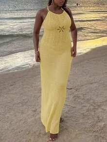 Women Summer Lace Up Backless Crochet Long Dress Sexy Beach Party Knitted Dress - Yellow - View 7