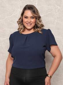 ONLYONE - WOMEN'S SHORT SLEEVE PRINCESS PLUS SIZE BLOUSE WITH LIGHT DUNES NECKLINE DETAIL - WOMEN'S BLOUSES - 藏蓝色 - 查看 2