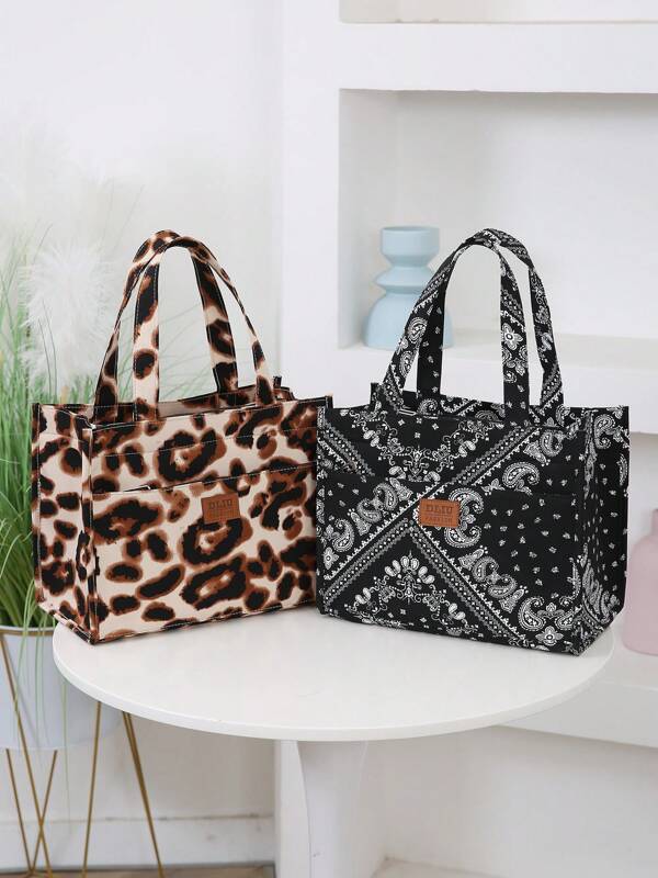 New Thickened Nylon Fabric Printed Tote Bag, Large Capacity Portable Lunch Box Organizer Bag, Suitable For Work Meals, Outdoor Picnic, Lunch Box Storage, With Aluminum Foil Lining And Zipper Pocket, Retro For Back To School Season