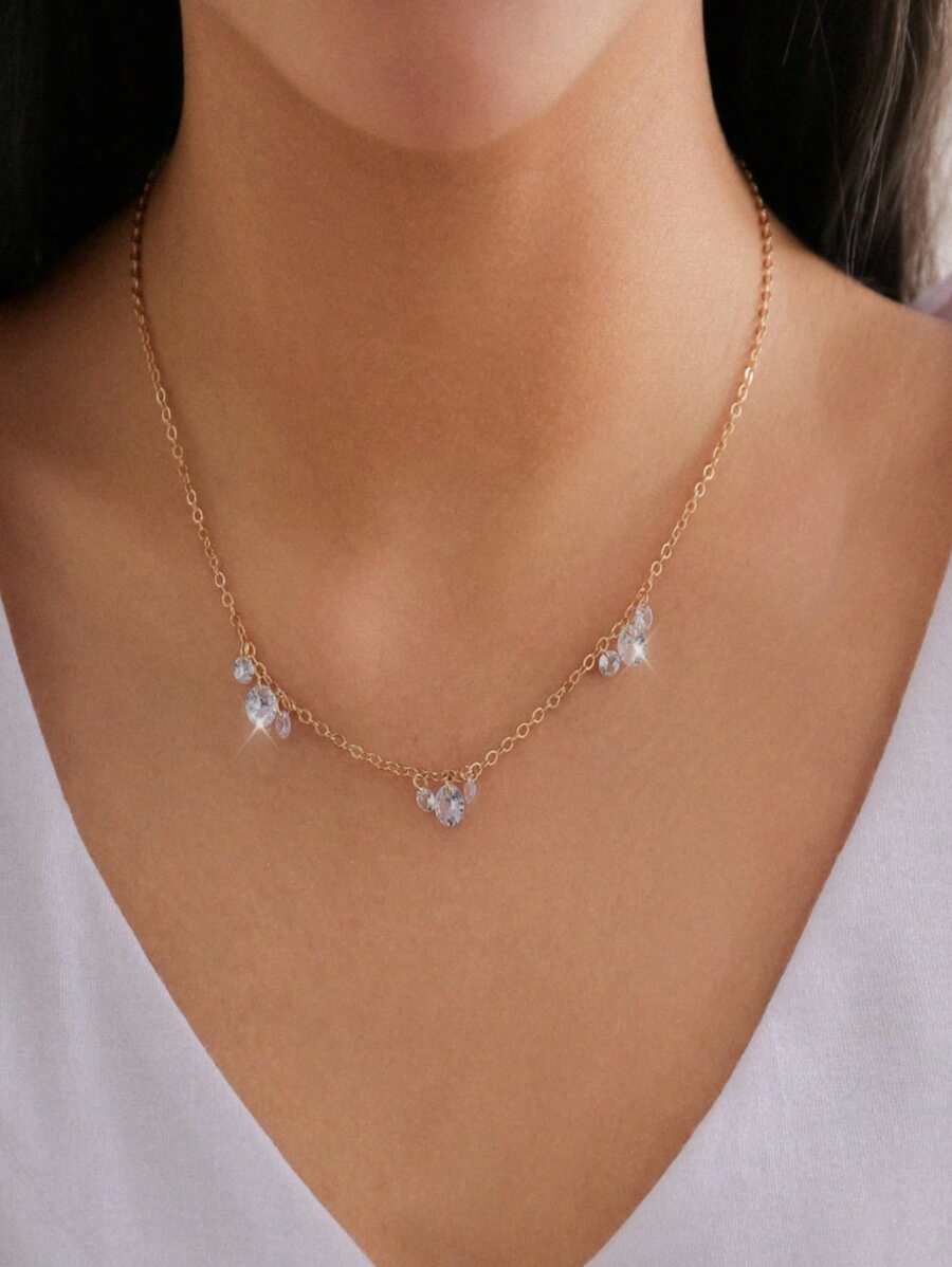 1pc Exquisite Women's Necklace, Simple And Fashionable Rhinestone Decorated Necklace, Suitable For Daily Wear And Party Wear, Valentine's Day Gift, Mother's Day Gift - Gold - View 1