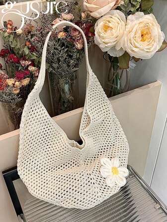 Hollow Out Weave Straw Bag Bohemian Beach Handbag Hollow Tote Bag Large Capacity Shopping Beach Bag Fashion Hollow Out Weave Straw Bag Beach Handbag Bohemian Style Beach Bag Slouchy Style Large Capacity Hollow Tote Bag Vacation, Vacation Essentials, Perfectly Matching With Beach Accessories Women, Hottest Beach Bags For Women, Beach Necessities,Beach Essentials,Beach Stuff & Summer Essentials, Perfect For Summer, Vacation & Beach , Bohemian Outfit For Women