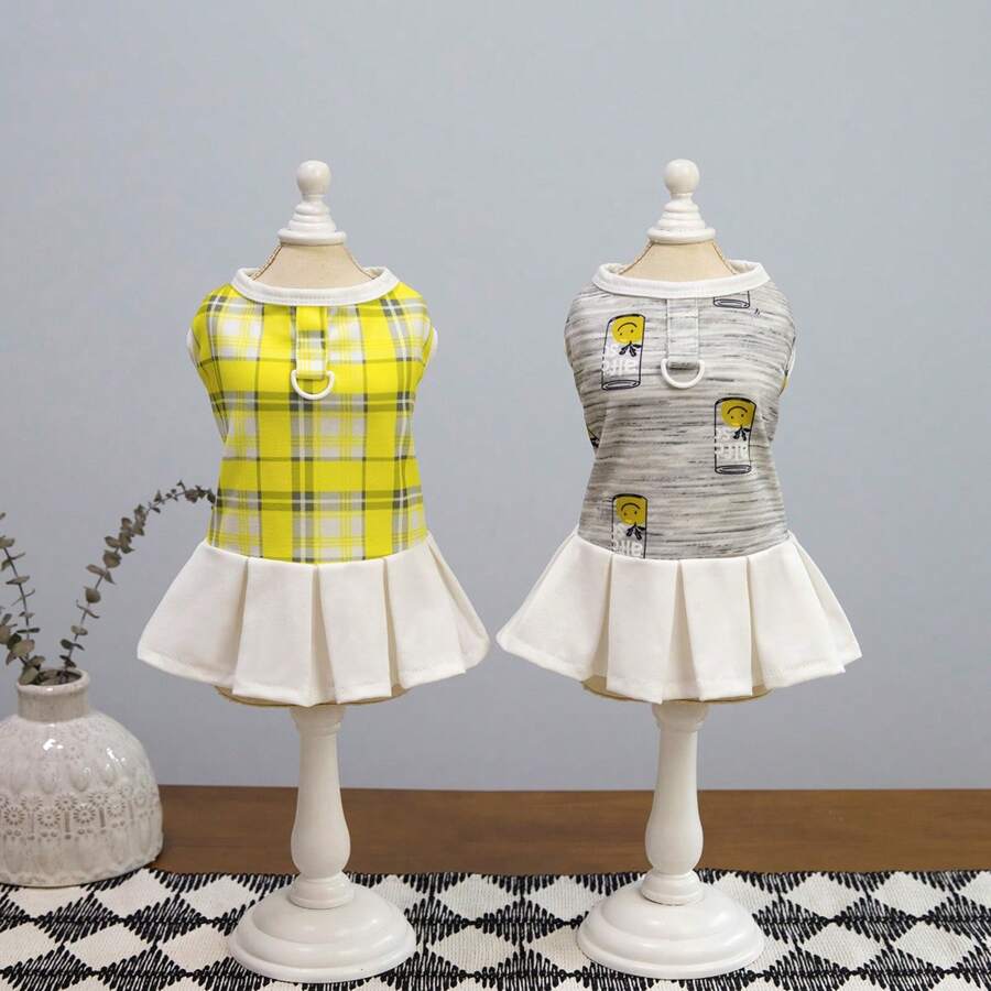 Spring/Summer New Lace Skirt, 25 Plaid Skirt, Pet Dress, Cat Princess Dress, Doll Dress, New Spring/Summer Versatile Striped Dress, Dog Clothes, Teddy Outfit, Fashionable Princess Dress, Leash Buckle Printed Princess Dress, Small Animal European And American Hot-Selling Casual Dress - Yellow - View 1