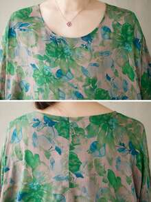 AZAH 2026新款加大码女式绿色碎花A字连衣裙，半袖蝙蝠袖V领带口袋，梭织面料，优雅度假风 - 綠色 - 查看 6