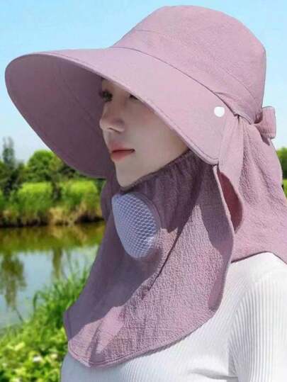 纯色可拆卸护颈泡泡纱女士防晒帽时尚透气遮脸披肩太阳帽适合果农