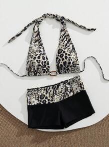 2件套/新年/情人节性感优雅女士挂脖豹纹比基尼上衣搭配黑色泳裤，中等弹力，中间饰有长方形玉树脂摆件，欧美时尚，适合度假海滩、泳池、休闲郊游、海边派对等场合的奢华比基尼套装 - 彩色 - 查看 3