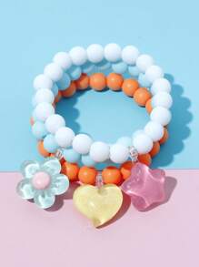 3pcs Girls Beaded Charm Heart Flower Star Bracelet Set