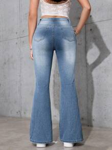 Women's Fashionable And Elegant Washed Solid Color Bell Bottom Jeans, Suitable For Dates, Parties, Shopping, Parties, Banquets, Outings, Streets, Travel, Daily Life At Home - Rửa trung bình - Xem 5
