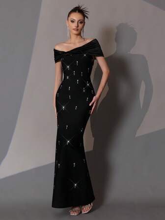 重磅水钻性感露肩垂坠紧身长款黑色连衣裙，优雅女士婚礼、派对、正式晚礼服、婚礼宾客礼服