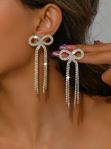 1 Paio di Eleganti Orecchini a Nappina con Fiocco Brillante, Orecchini a Perno con Cristalli Scintillanti, Accessori di Gioielleria alla Moda per Donne