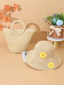2pcs Spring/Summer Fashion New Straw Handbag & Handmade Bucket Hat Set - Multicolor - View 11