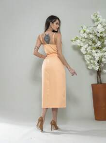 V761 Tailored Midi Dress With Straps - Coral Orange - View 4