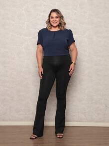 ONLYONE - WOMEN'S SHORT SLEEVE PRINCESS PLUS SIZE BLOUSE WITH LIGHT DUNES NECKLINE DETAIL - WOMEN'S BLOUSES - 藏蓝色 - 查看 5