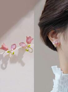 1 对女士高级粉色郁金香耳环，水钻装饰高端派对和礼品耳环