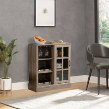 Wine Bar Cabinet, With 6-Bottle Wine Rack And Stemware Racks, Small Sideboard Buffet Cabinet With Sliding Glass Door And Storage Shelves For Kitchen, Brown