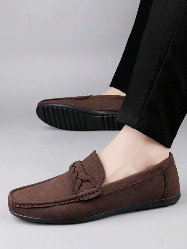 Luxury Men Leather Penny Loafers, Casual Straw Woven-Style Slip-On Flat Shoes With Convenient Elastic Band, Formal Shoes For Daily Wear, Wedding, Banquet, Office, Business Occasions In Spring And Autumn