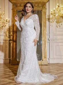 UNITHORSE Plus Size Women V-Neck Long Sleeve Mesh Patchwork Embroidery Mermaid Hem Dress, White Bridal Party Bridesmaid Dress, Wedding Dress