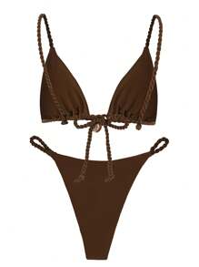 Bộ bikini nữ màu trơn, kiểu dáng giản dị, gợi cảm, thắt bím, phong cách châu Âu và Mỹ, hàng mới về mùa xuân/hè, thích hợp cho đi biển, dự tiệc, hẹn hò, du lịch. - Màu Khaki - Xem 3