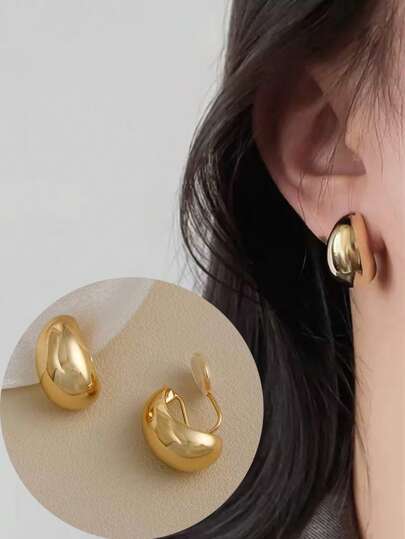 1pair Gold Simple & Chic Fashionable Clip On Earrings For Women Without Ear Piercing, Water Drop Design, Ideal Gift For Birthday, Dim Grey Aesthetic And European And American Style