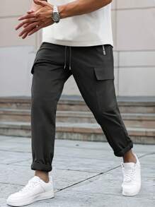 Men's Summer Lightweight Cargo Pants, Drawstring Waist, Multi-Pocket, Letter Zipper, Straight Leg, Cycling, Running, Sports, Neon Highlight - Black - View 4