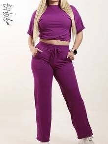 Camiseta de cuello redondo y mangas estilo murciélago y pantalones con cordón en la cintura - Magenta - Ver 2