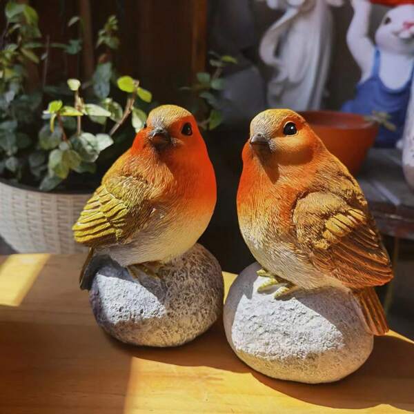 1 Set Of 2pcs 13cm Vivid Lifelike Resin Decorative Birds Perching On Rocks, Outdoor Garden Patio Ornament, Gift Idea For Family, Friends, Classmates