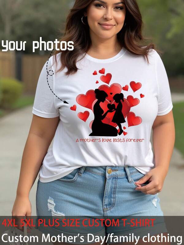 Customized Plus Size Women's Spring/Summer Clothing - Customizable Friends/Couples/Pets/Siblings/Selfie/Family Photos Printed, 2XL 3XL 4XL 5XL, Customized Big & Tall T-Shirts, Customized Shirts, Customized Plus Size Shirts, Anniversary Photo Customization, BBW Style Casual Short Sleeve Tops, White Blouses, Casual Plus Size Round Neck Short Sleeve T-Shirts, Casual Sports T-Shirts