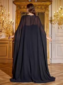 SUPGIR Vestido de noche elegante de mujer SUPGIR Plus de dos piezas reversible, con manga flotante, alta mano de obra, bordado con cuentas y lentejuelas, ajuste ceñido, de largo maxi