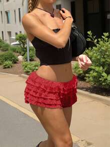 Spring-Summer Low Waist Multi-Layer Lace Spliced Chiffon Ruffle Hem Ultra Short Shorts For Valentine Day