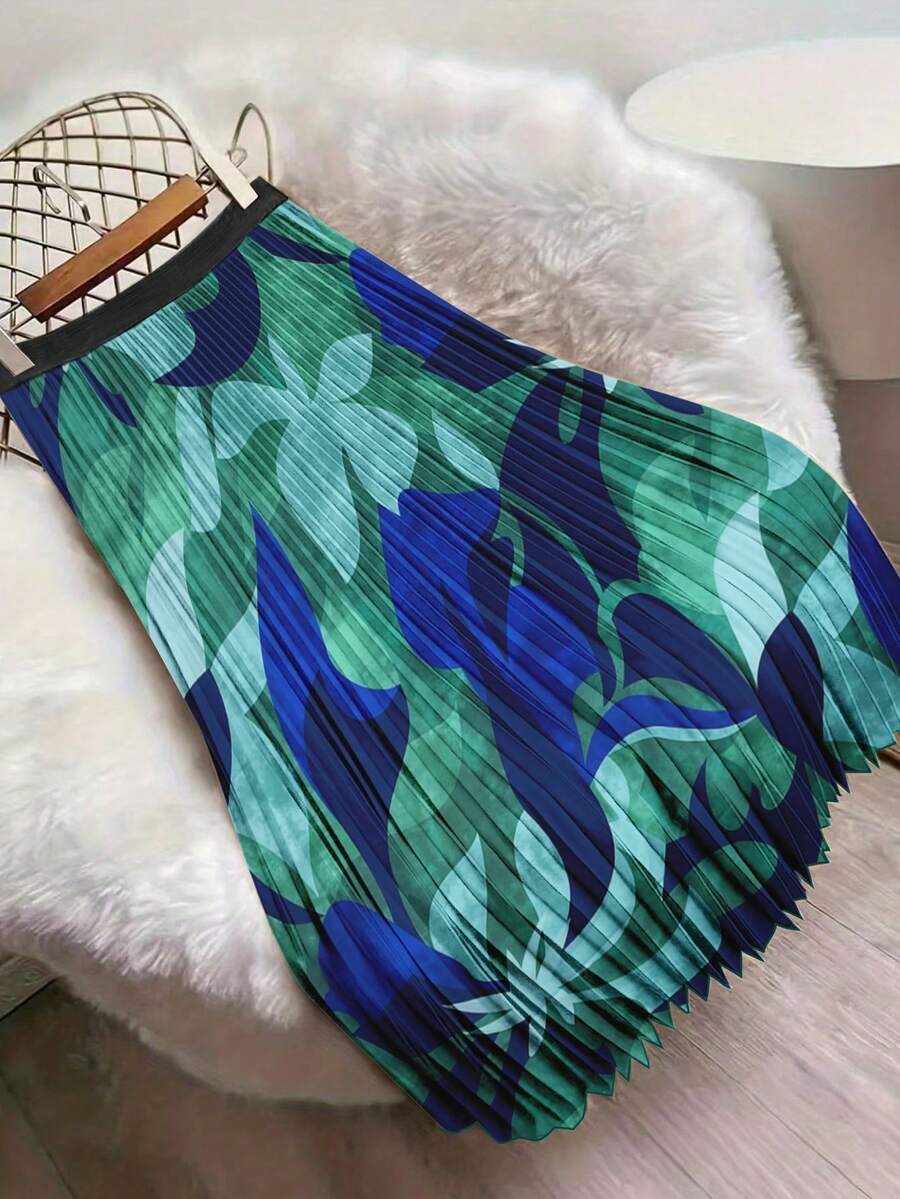 New Spring/Summer High-Waisted Pleated Skirt In Blue-Green, Mid-Length A-Line Silhouette, French Retro Style, Versatile For Work, Dates, And Everyday Wear, Flattering And Approachable Look - Multicolor - View 1