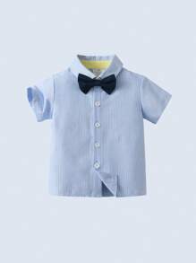 BOARNSEORL Baby Boys 2Pcs Gentleman Outfit: Short Sleeve Collared Shirt With Bowknot And Overalls Shorts, Fashion Stylish For Birthday Party, Wedding, Ceremony