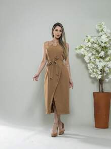V761 Tailored Midi Dress With Straps - Mocha Brown - View 3