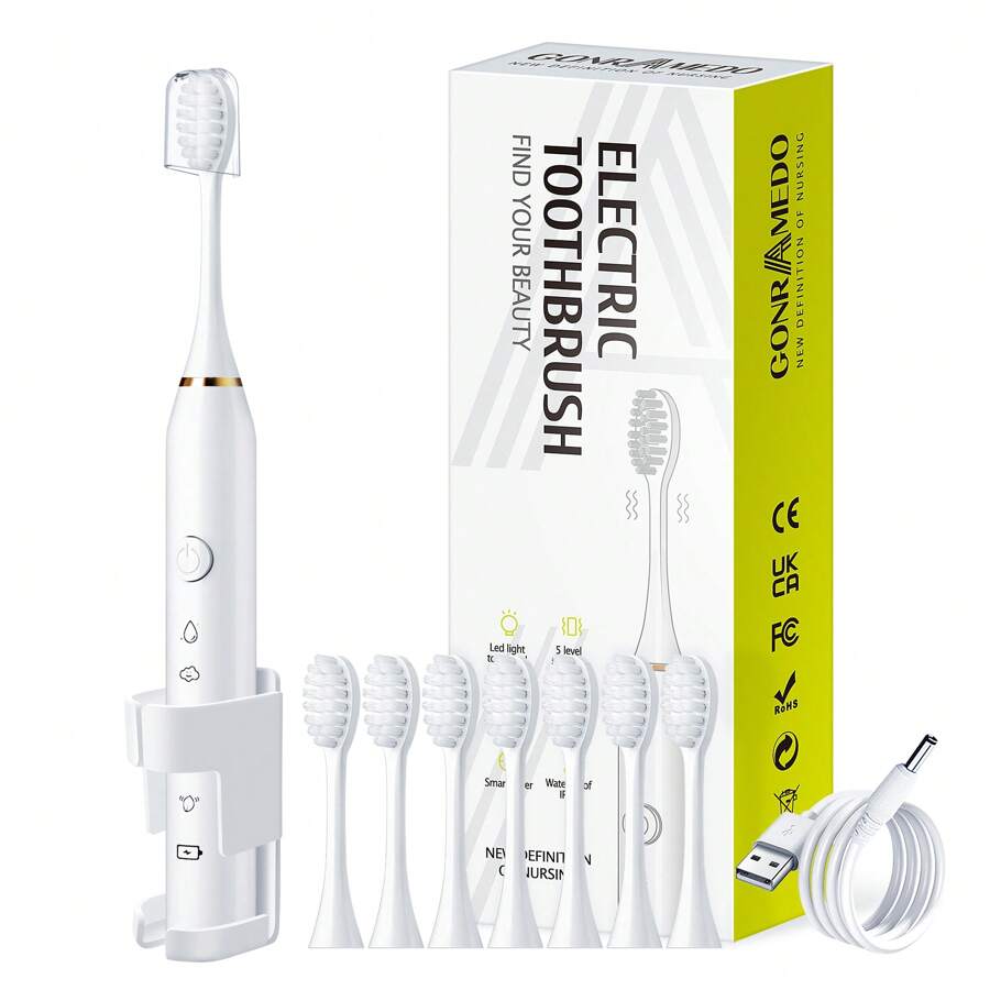 1PC Electric Toothbrush With 8 Replaceable Toothbrush Heads, A Wall-Mounted Bracket And A Dust Cover, USB Charging, 5-Speed Intelligent Cleaning Mode, Toothbrush Body, 7-Level Waterproof, Personal Oral Care Equipment Power Toothbrush, Suitable For Travel, Business Trips And Home Use, Gift Box Packaging For Men And Women - 白色 - 查看 1