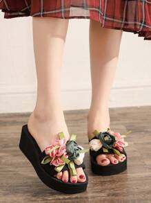 New Design Flower Decor Slide Sandals For Women, Summer Strap Chunky Heel Fashion Outdoor Slippers, Non-Slip Beach Vacation Sandals, House Slippers
