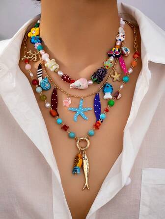 1 件夏季手工海洋生物鱼壳海星吊饰玻璃珠项链，波西米亚风度假风格女士珠宝配饰