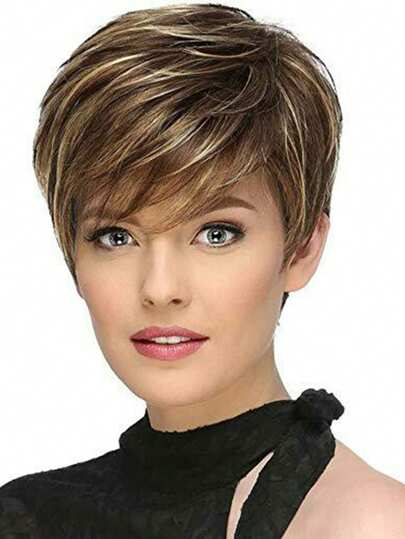 شعر مستعار نسائي قصير مالئ ومجعد بالبني الطبيعي المختلط مع غرة جانبية، من ألياف اصطناعية طول 10 بوصة، مناسب للارتداء اليومي والعطلات والحفلات