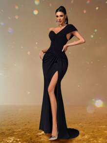 Smilprince Elegante vestido de noche con corte asimétrico en el cuello, ceñido al Body y abertura alta, vestido de fiesta formal con pliegues asimétricos, vestido de graduación para mujeres, vestido de noche formal, vestido de fiesta, vestido para invitada de boda - Negro - Ver 6