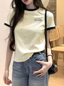 女士圆领短袖印花撞色修身T恤，休闲夏季款 - 杏色 - 查看 1