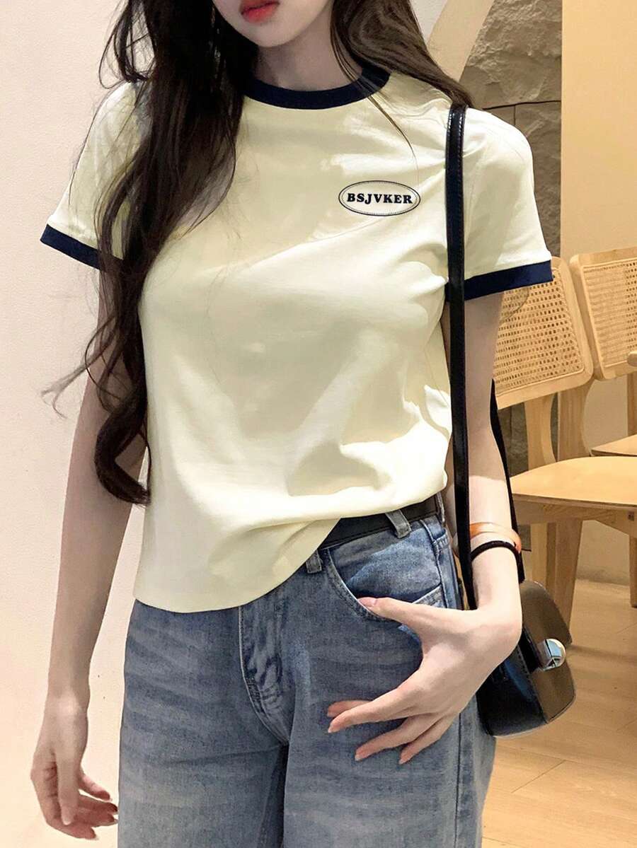 女士圆领短袖印花撞色修身T恤，休闲夏季款 - 杏色 - 查看 1