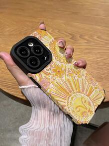 1 pieza Funda de teléfono suave de TPU a prueba de caídas con patrón clásico de sol amarillo y garabatos, compatible con 16/16 PLUS/16 PRO/16 PRO MAX