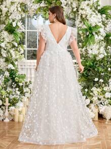 UNITHORSE UNITHORSE Plus Size Sweetheart Collar Cap Sleeve Ethereal Floral Mesh Overlay Slit Hem Lightweight Wedding Dress Evening Gown,Bride, All White Party Outfit Women