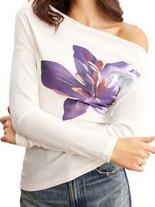 Women's Spring Floral Print Tops Long Sleeve Off Shoulder Slimming T-Shirt - White - View 2
