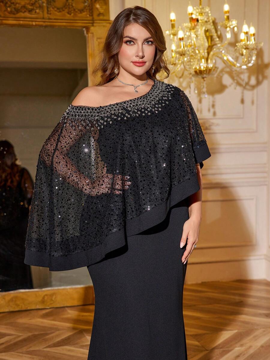 SUPGIR Plus Women's One-Shoulder Asymmetrical Cape Sleeve Handmade Bright Diamond Chiffon Slim-Fitting Evening Dress