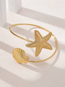 1 pieza Pulsera minimalista de moda versátil con estrella de mar y concha, inspirada en el océano - Amarillo Oro - Ver 2