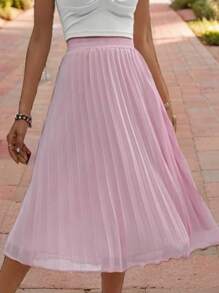 hoteel Chic Elegant Pure Elastic Waist Pleated Midi Dress, Idea To Daily Wear All-Match, Woman Clothes - 藕粉色 - 查看 4