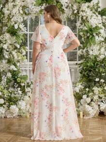 UNITHORSE Random Floral Print Plus Size Women Elegant V-Neck Ruffle Sleeve Detachable 3D Floral Decor Digital Print Chiffon Bridesmaid Dress, Birthday Dress, Graduation Dress, Formal Dress - Apricot - View 2