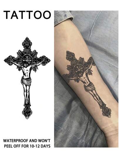 1Pc Cross Western Style Temporary Tattoos Semi Permanent Tattoo Waterproof Sweatproof Last For 1-2 Weeks Realistic Herbal Juice Anti-Friction Non-Reflective Faux Black Fake Tattoos For Woman And Men Tattoo Stickers For Arm, Chest, Leg, Abdomen, Waist, Finger, Neck Modernist Body Art
