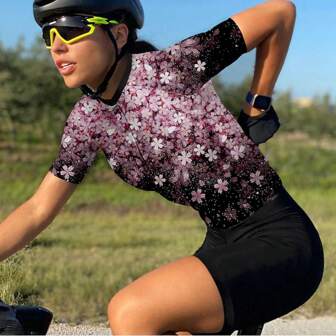 女士骑行服 3D 印花粉色花朵图案短袖自行车上衣带 3 个后口袋山地车 MTB 公路车骑行夹克透气