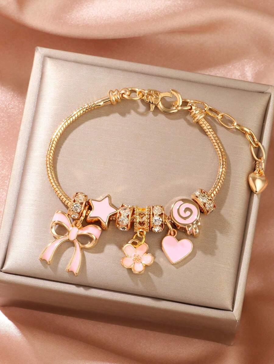 1 件女式可调节金色全水钻蝴蝶和心形花朵棒棒糖串珠手链，百搭日常佩戴