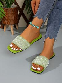 Pearl & Rhinestone Decor Women Flat Slippers, Elegant Classical Wide Strap Sandals - Olive Green - View 6