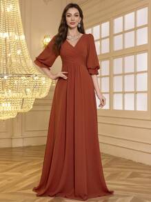 UNITHORSE V Neck Puff Sleeve Pleated Tie Waist Loose Hem Dress, Elegant Dress, Women's Bridesmaid Dress - Orange - View 2